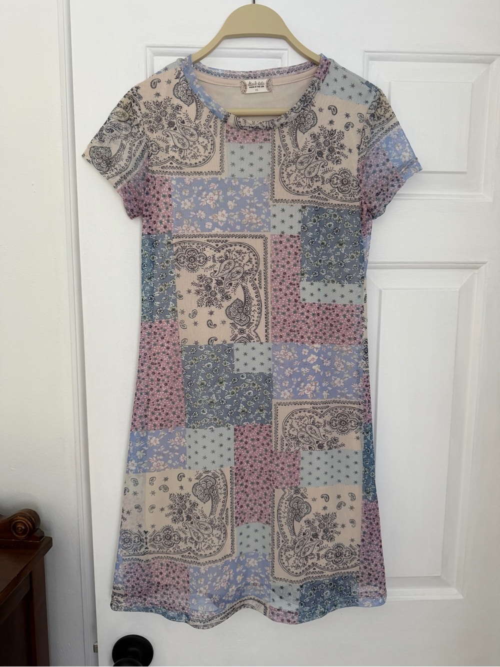 Altar'd State Pastel Patchwork Paisley Mini Dress - Blue & Pink & Cream